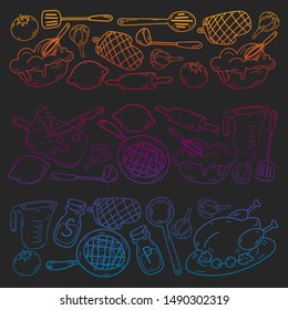 Hand drawn doodles of Cook concept. Poster with hand drawn kitchen utensils.