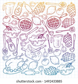 Hand drawn doodles of Cook concept. Poster with hand drawn kitchen utensils.