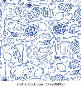 Hand drawn doodles of Cook concept. Poster with hand drawn kitchen utensils. seamless
