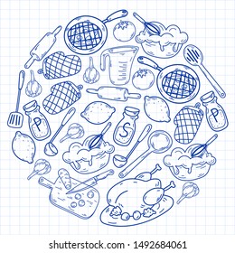 Hand drawn doodles of Cook concept. Poster with hand drawn kitchen utensils.