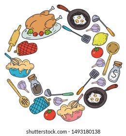Hand drawn doodles of Cook concept. Poster with hand drawn kitchen utensils.