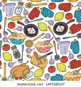 Hand drawn doodles of Cook concept. Poster with hand drawn kitchen utensils. seamless
