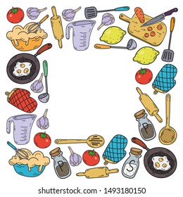 Hand drawn doodles of Cook concept. Poster with hand drawn kitchen utensils.