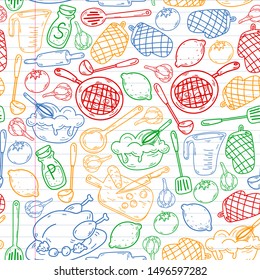 Hand drawn doodles of Cook concept. Poster with hand drawn kitchen utensils. seamless