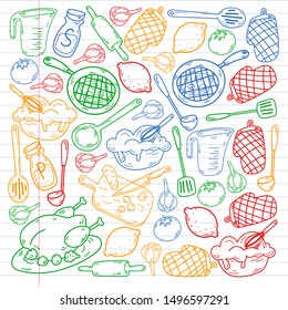 Hand drawn doodles of Cook concept. Poster with hand drawn kitchen utensils.