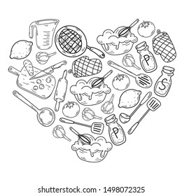 Hand drawn doodles of Cook concept. Poster with hand drawn kitchen utensils.