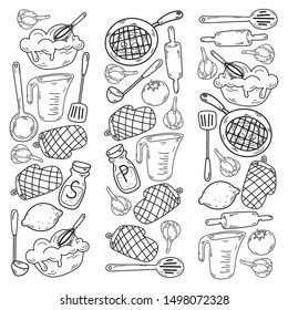 Hand drawn doodles of Cook concept. Poster with hand drawn kitchen utensils.