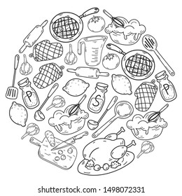 Hand drawn doodles of Cook concept. Poster with hand drawn kitchen utensils.