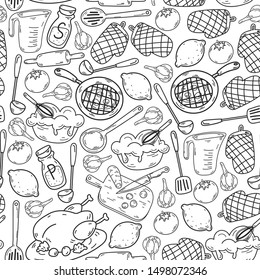 Hand drawn doodles of Cook concept. Poster with hand drawn kitchen utensils. seamless