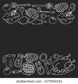 Hand drawn doodles of Cook concept. Poster with hand drawn kitchen utensils.