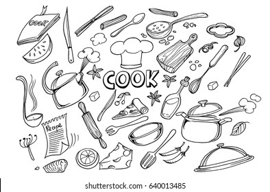 Hand drawn doodles of Cook concept.Poster with hand drawn kitchen utensils. 