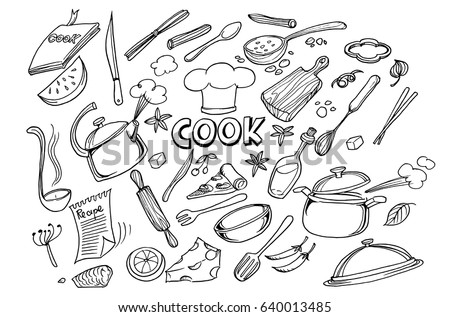 Hand drawn doodles of Cook concept.Poster with hand drawn kitchen utensils. 