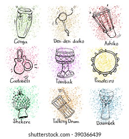 Hand drawn doodles of different kinds of African, Indian, Brazilian and Oriental drums with inscriptions and spotted colorful stains.