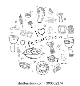 Hand drawn doodles of different kinds of African, Indian, Brazilian and Oriental drums collected in a shape of a circle with handwritten quote I love percussion.