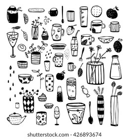 Hand Drawn Doodles of Dishware Black Sketchy Graphic Collection for Design. Crockery and dishware big set of items for designer. Vector cartoon isolated objects.