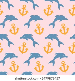 Hand Drawn Doodles Dolphins and Anchors. Sketch Seamless Pattern Background Texture. Wallpaper, Childish Minimal Textile Print Design Vector Illustration, Vintage Retro Style