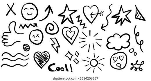 Hand drawn doodles and elements for various graphic designs projects, heart, arrows, sketch emoji, line art, star illustration.