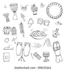 Hand drawn doodles of ethnic drums such as bongo, tabla, atabaque, cajon, udu, maracas, agogo bells. Collection of percussion instruments.
