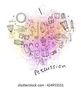 Hand drawn doodles of ethnic percussion instruments arranged in a shape of the heart with dusty pink, yellow, purple and orange stains on the background.