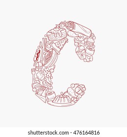 Hand drawn doodles Fast food alphabet. Letter C vector illustration