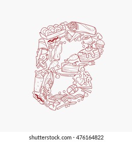 Hand drawn doodles Fast food alphabet. Letter B vector illustration