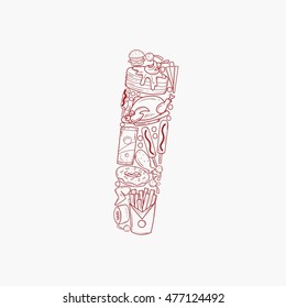 Hand drawn doodles Fast food alphabet. Letter I vector illustration