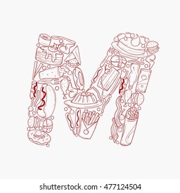 Hand drawn doodles Fast food alphabet. Letter M vector illustration