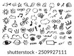 Hand drawn doodles featuring various icons like hearts, stars, and musical notes. Vector cartoon illustration