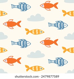 Dibujado A Mano Doodles Peces. Esboce La Textura De Fondo Del Patrón Sin Costuras. Fondo de pantalla, Ilustración vectorial de diseño de impresión textil mínima, estilo retro de Antiguas