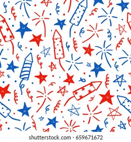 Hand drawn doodles. Fourth of July. Independence Day. Vector seamless pattern