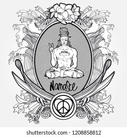 Hand drawn  doodles frame in surf style. Contemporary sexy Buddha showing peace sign and winking. Inscription NAMASTE.  Ironic greeting, hipster insignia in comic style.Vector illustration for sticker