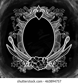 Hand drawn  doodles frame in surf style. SURF. LOVE. PEACE. This Emblem in comic style can be used as tattoo or as a print on T-shirts and bags. Vector hipster insignia. Isolated illustration.