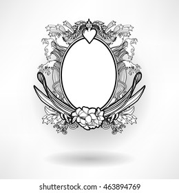 Hand drawn  doodles frame in surf style. SURF. LOVE. PEACE. This Emblem in comic style can be used as tattoo or as a print on T-shirts and bags. Vector hipster insignia. Isolated illustration.