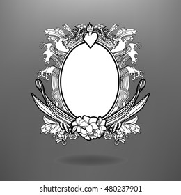 Hand drawn doodles frame in surf style. SURF. LOVE. PEACE. This Emblem in comic style can be used as tattoo or as a print on T-shirts and bags. Vector hipster insignia. Isolated illustration.