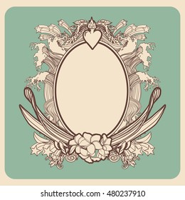 Hand drawn doodles frame in surf style. SURF. LOVE. PEACE. This Emblem in comic style can be used as tattoo or as a print on T-shirts and bags. Vector hipster insignia. Isolated illustration.