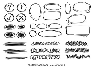 Rabiscos desenhados à mão, quadros, quadros de rabiscos, notas, ovais redondos, nuvens de pensamento, tachados de várias formas, cruz e check-in em preto, ponto de exclamação e ponto de interrogação em um círculo desenhado à mão.