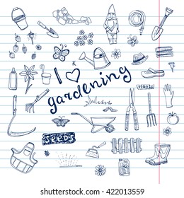 Hand drawn doodles of gardening tools, plants, pests in blue color scattered on lined paper.