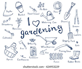 Hand Drawn Doodles Gardening Tools Plants Stock Vector Royalty