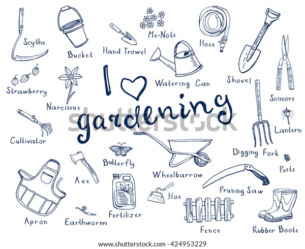 Hand Drawn Doodles Gardening Tools Plants Stock Vektorgrafik