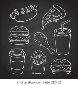 Hand drawn doodles of hamburger, hot dog, pizza, cheeseburger, deep-fried chicken leg, french fries, paper cup with soda, coffee. Vector illustration set. Fast food for menus, showcases