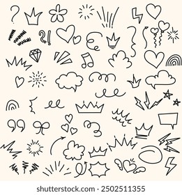 Hand drawn doodles, hearts, stars, love symbols, Valentine’s Day elements, romantic designs, cheerful, happiness, flowers, arrows, swirls, crowns, greetings, waves, lines, circles, cloud