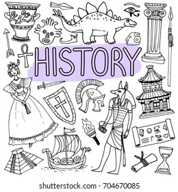 Hand Drawn Doodles For History Lessons. Vector Back To School Illustration.