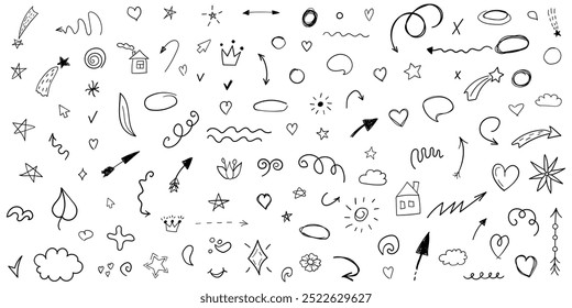 Hand drawn doodles icon in flat style. Speech bubbles, arrows and shapes vector illustration on isolated background. Drawing sketch sign business concept.
