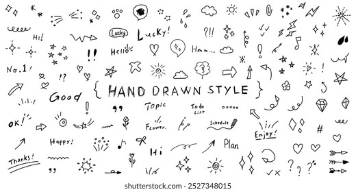 Hand drawn doodles icon in flat style. Speech bubbles, arrows and shapes vector illustration on isolated background. Drawing sketch sign business concept.