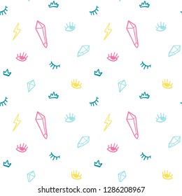 Hand drawn doodles icon seamless pattern with eye, diamond, lightning, crown in retro pop up style. Vector beauty illustration for card, textile, wallpaper, background.