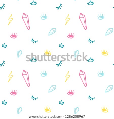 Hand drawn doodles icon seamless pattern with eye, diamond, lightning, crown in retro pop up style. Vector beauty illustration for card, textile, wallpaper, background.