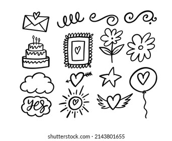 Conjunto de elementos de doodle románticos dibujados a mano. Ilustración vectorial de esbozo de color negro. Aislado sobre fondo blanco.