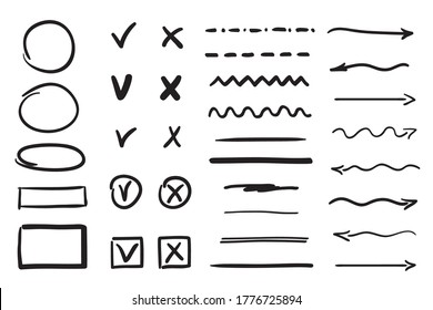 Hand drawn doodles. Infographic elements on isolated white background. Hand drawn signs. Black and white illustration
