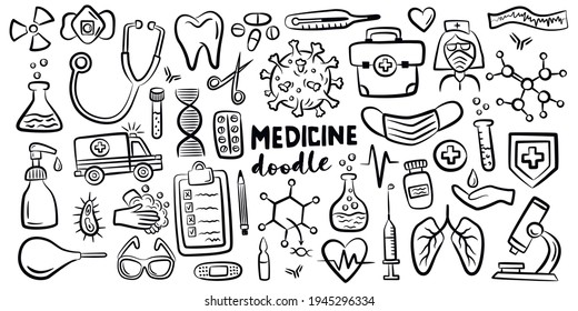 Hand drawn doodles, isolated vector objects on white background. Healthcare and medicine vector illustration.