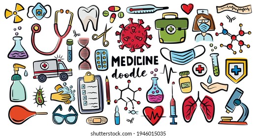 Hand drawn doodles, isolated vector objects on white background. Healthcare and medicine colored vector illustration.